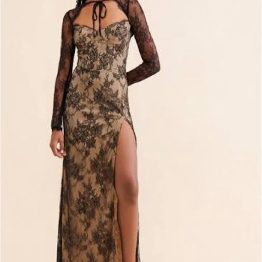 Katie May Nude and Black Lace Maxi Dress with Sheer Long Sleeves